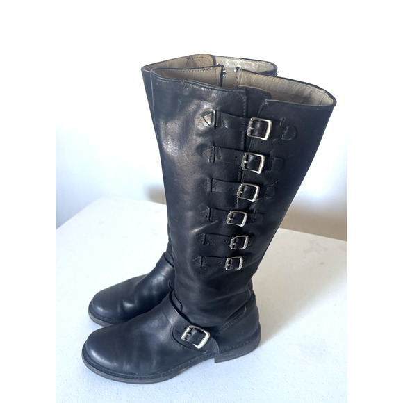 FRYE Leather Boots 8 Black Knee Buckle Round Toe Distressed Tall - Picture 1 of 12